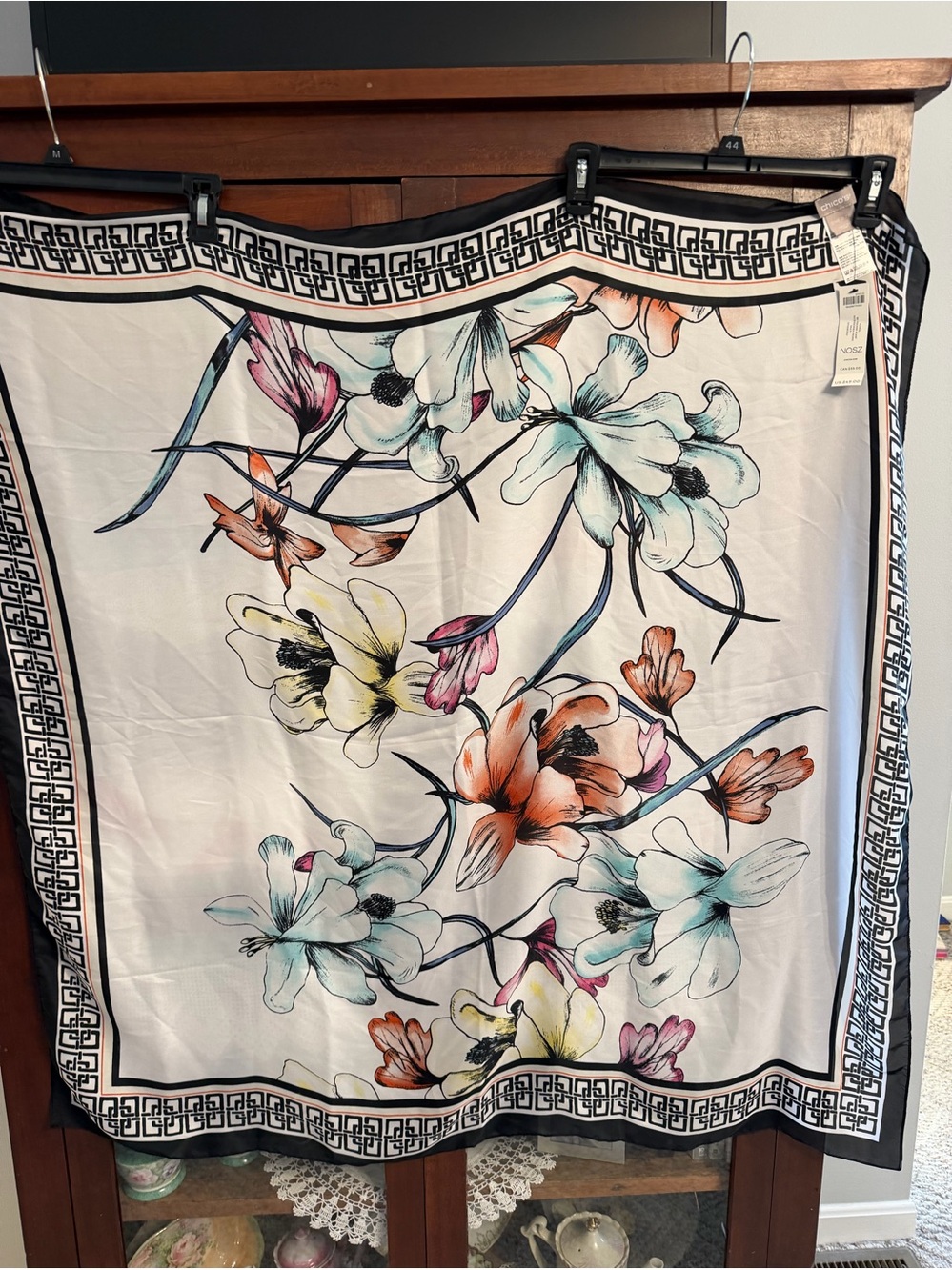 Chico's 42" Sq Watercolor Floral Print Scarf Wrap w Black & White Edging NWT $49